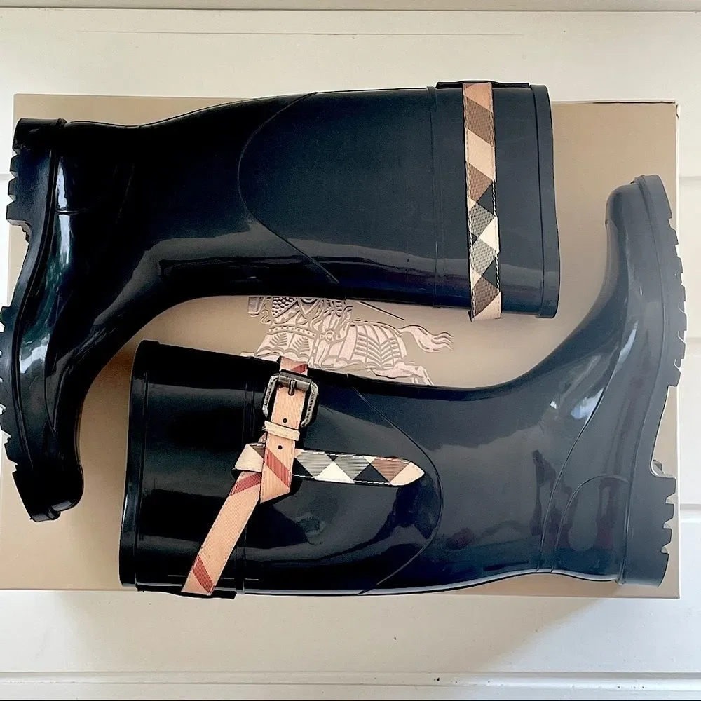 Burberry Kenyon Nova Check Belt Rain Snow Black Rubber Rain Boots Size 38/8 - Picture 6 of 14